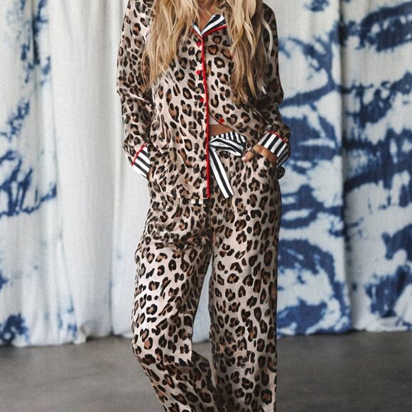 B313  Kahiki Leopard Print Color block Striped Edge Shirt and Pants Pajama Set - Picture 4 of 14